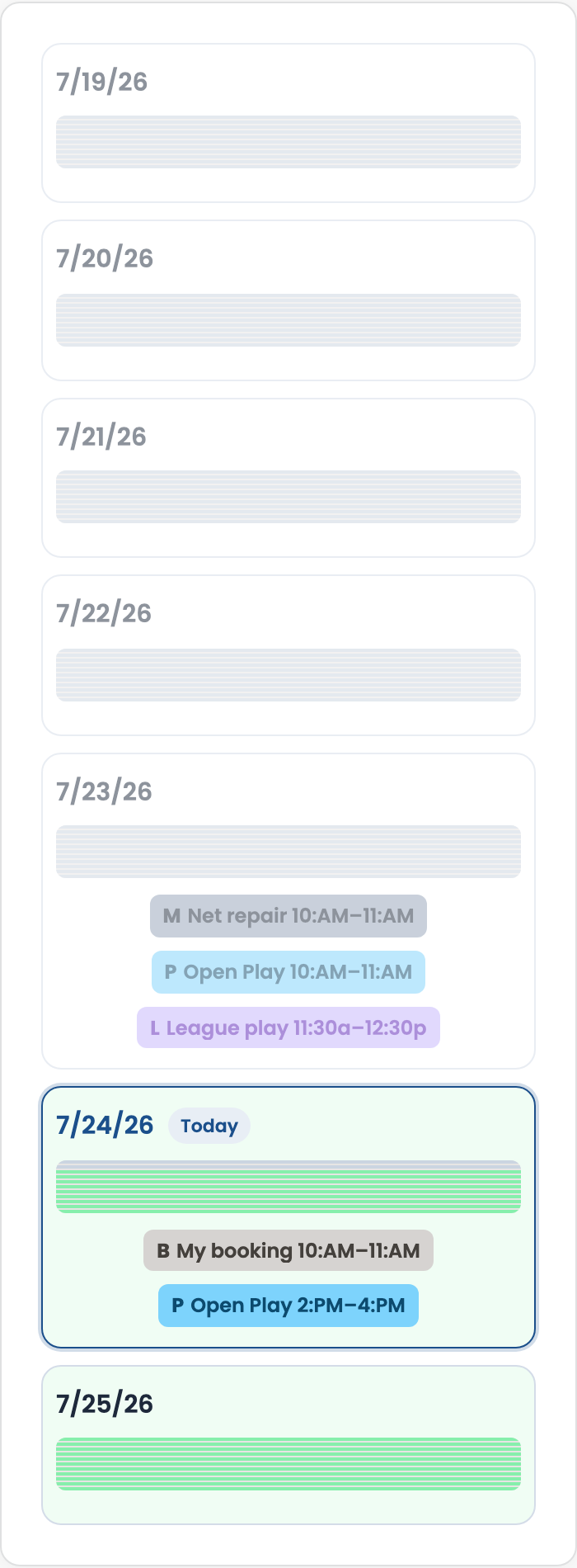 Court calendar Week view with vertical time heatmap and event pills on phone