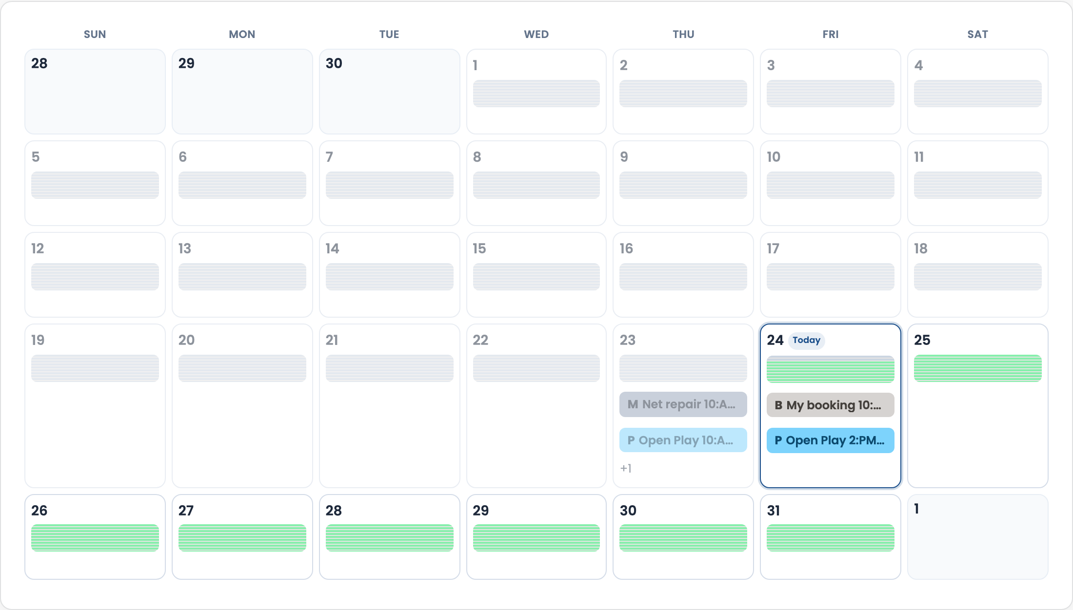 Court calendar Month view with Sun–Sat grid, heatmap, and event pills
