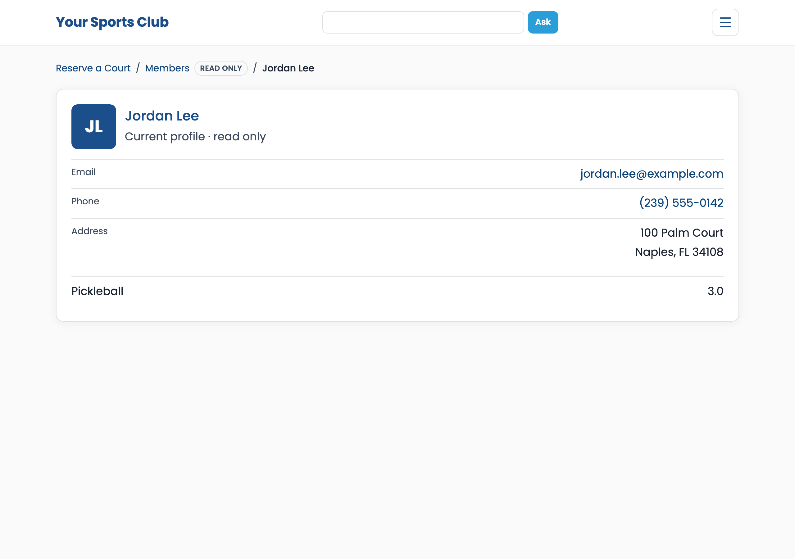 Members directory read-only profile with contact details