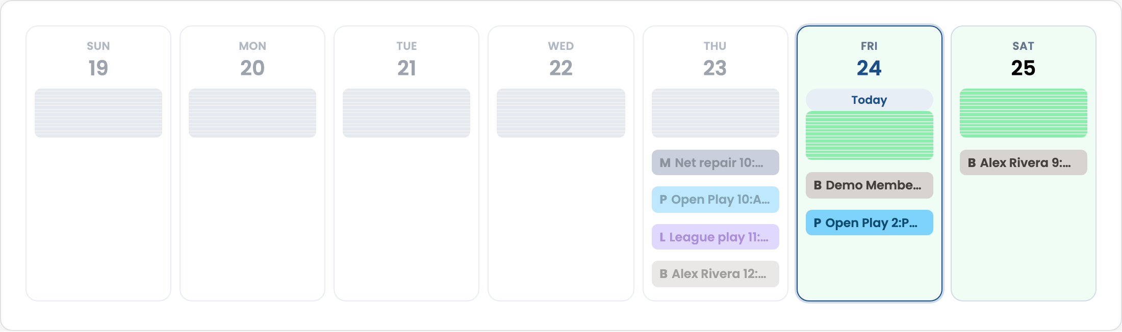 Admin Schedule Week view with time heatmap and event pills