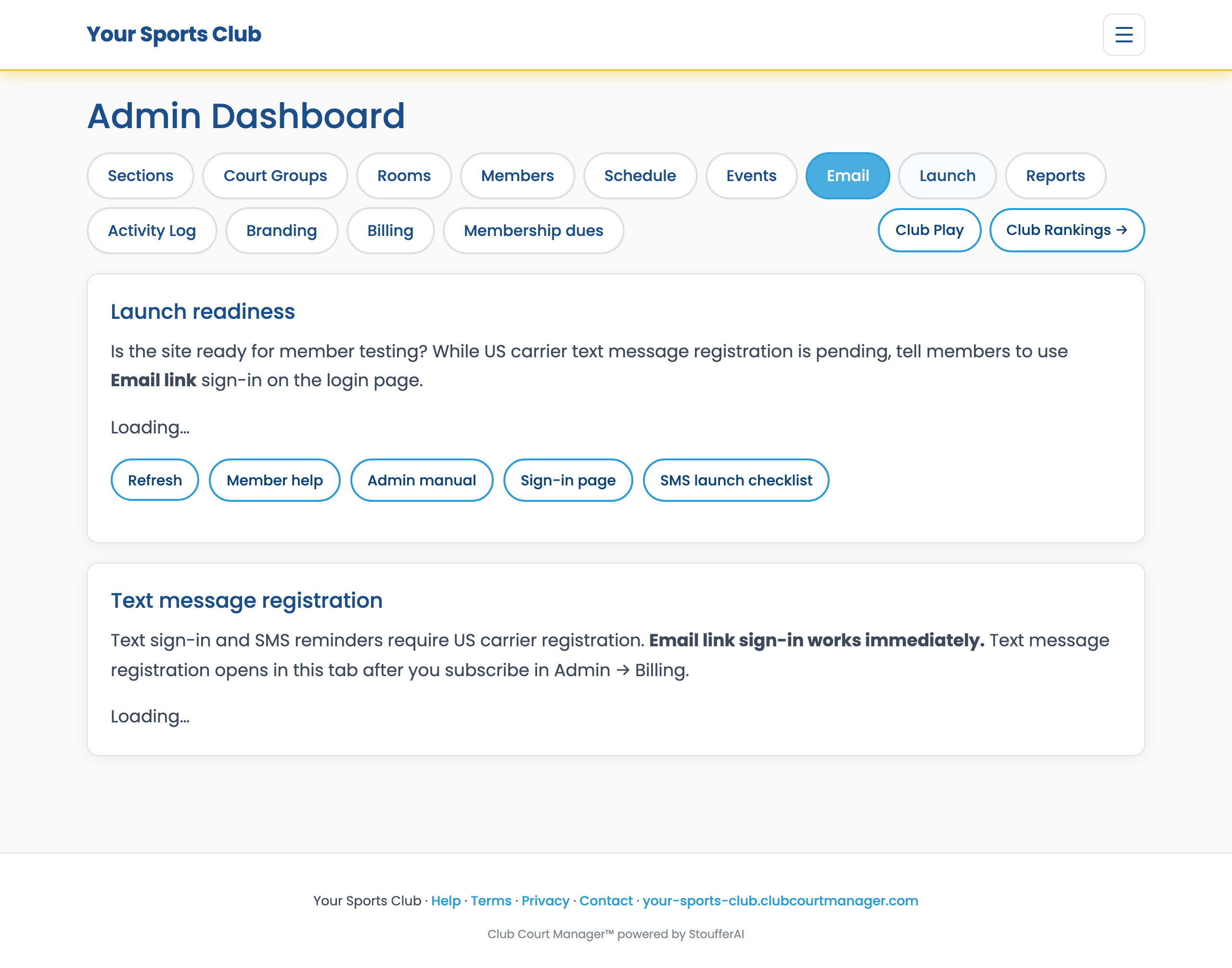 Admin Launch tab with email SMS and billing checklist