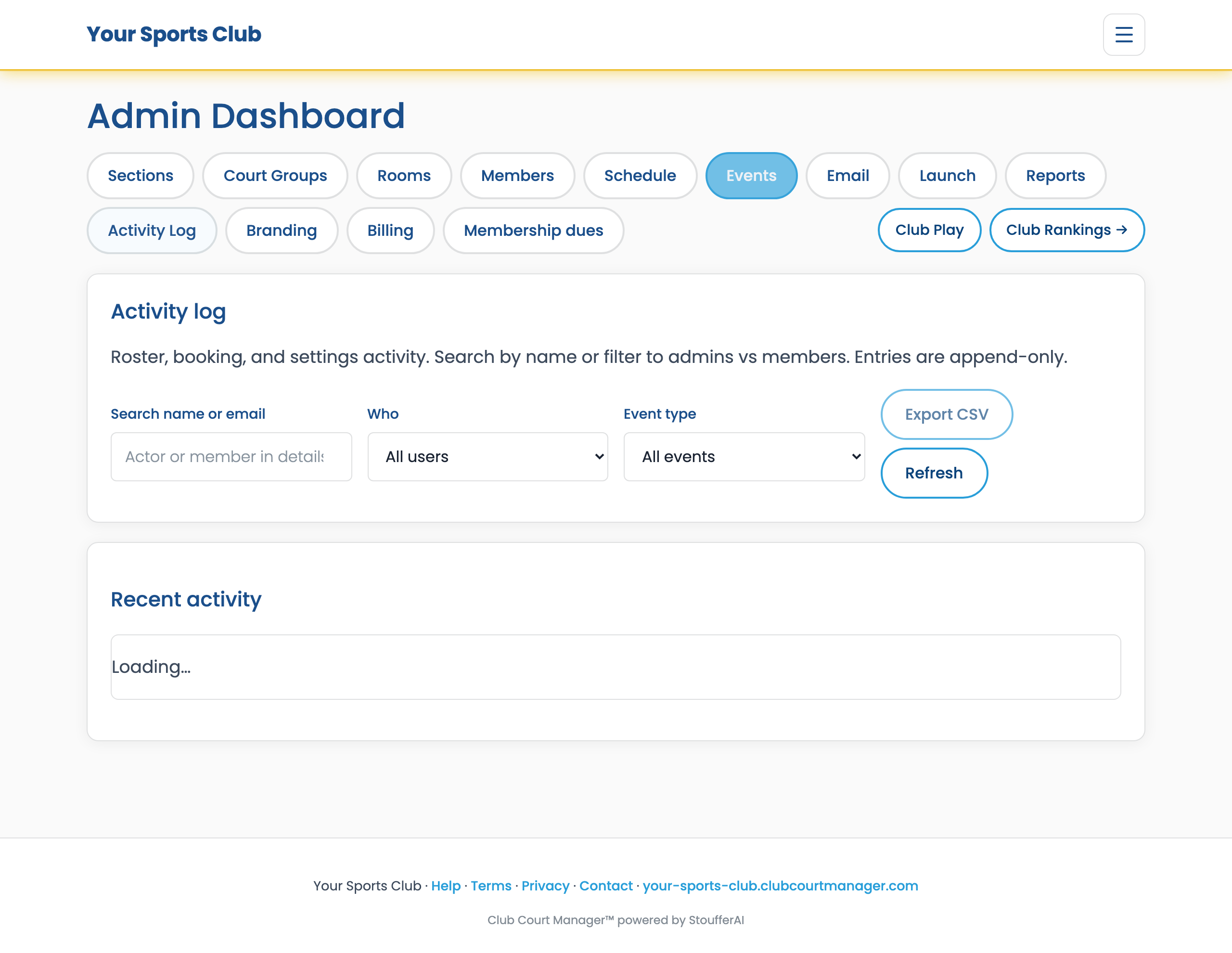 Admin Activity log with append-only audit entries