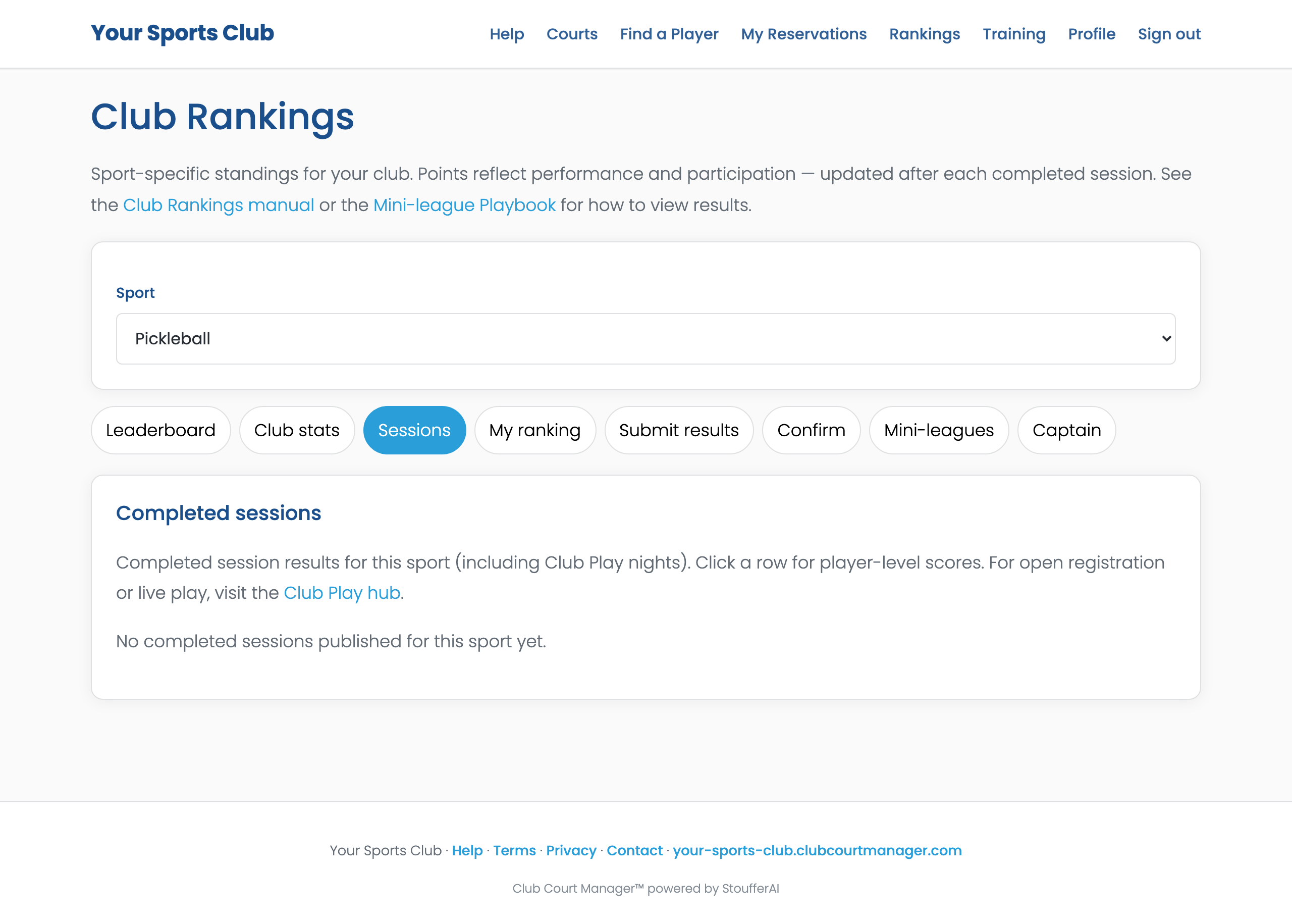 Club Rankings Sessions tab listing completed sessions