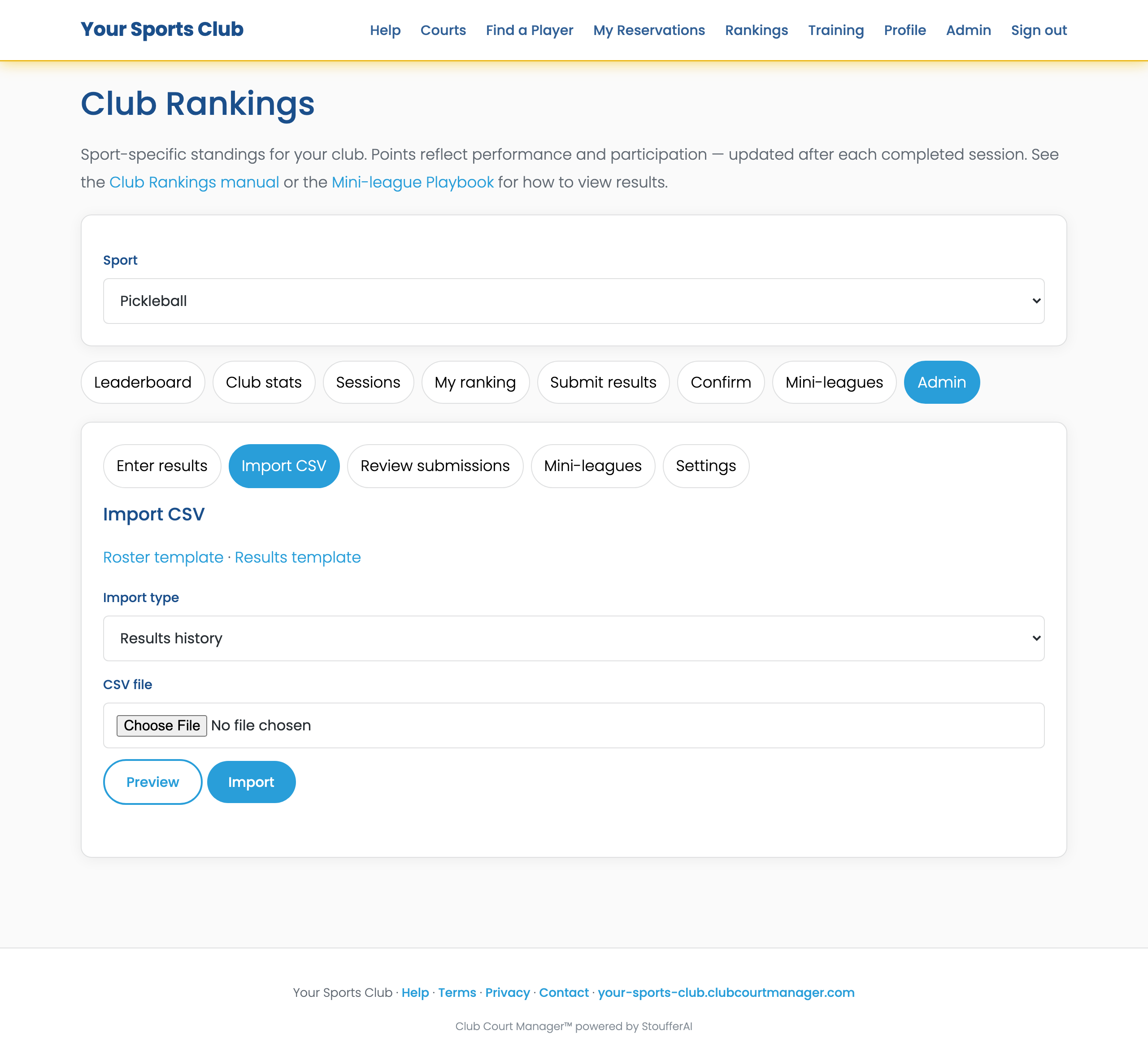 Club Rankings Admin Import CSV panel with templates