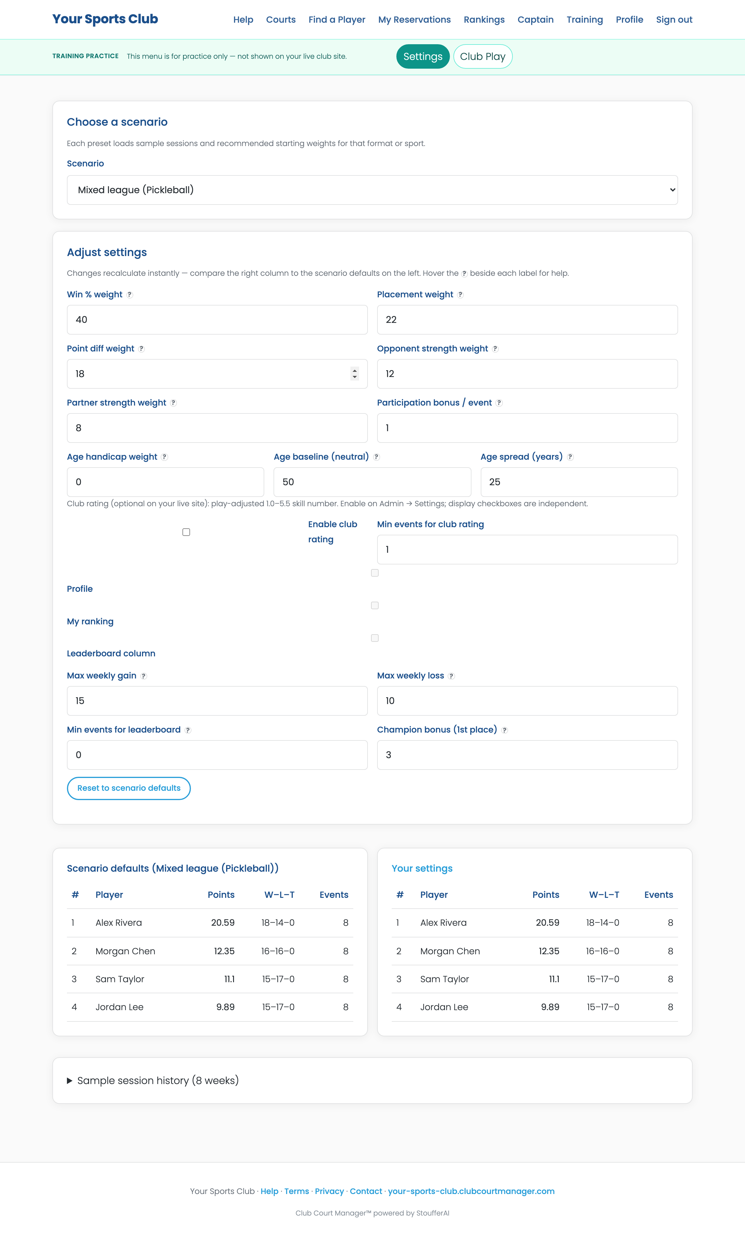 Training Administrator Settings with side-by-side leaderboard compare